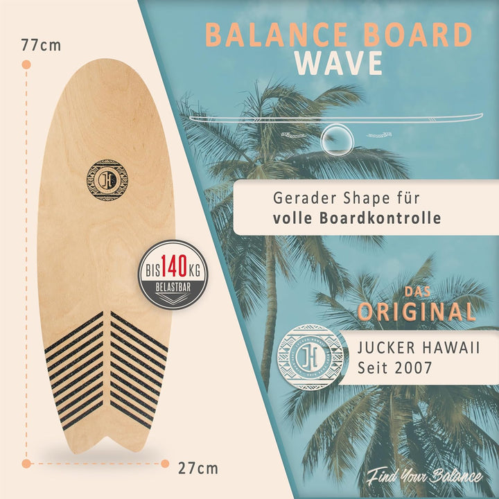 JUCKER HAWAII Balance Boards - Trick &amp; Surf Balanceboard (100% Echtholz) mit extra rutschfester Ober