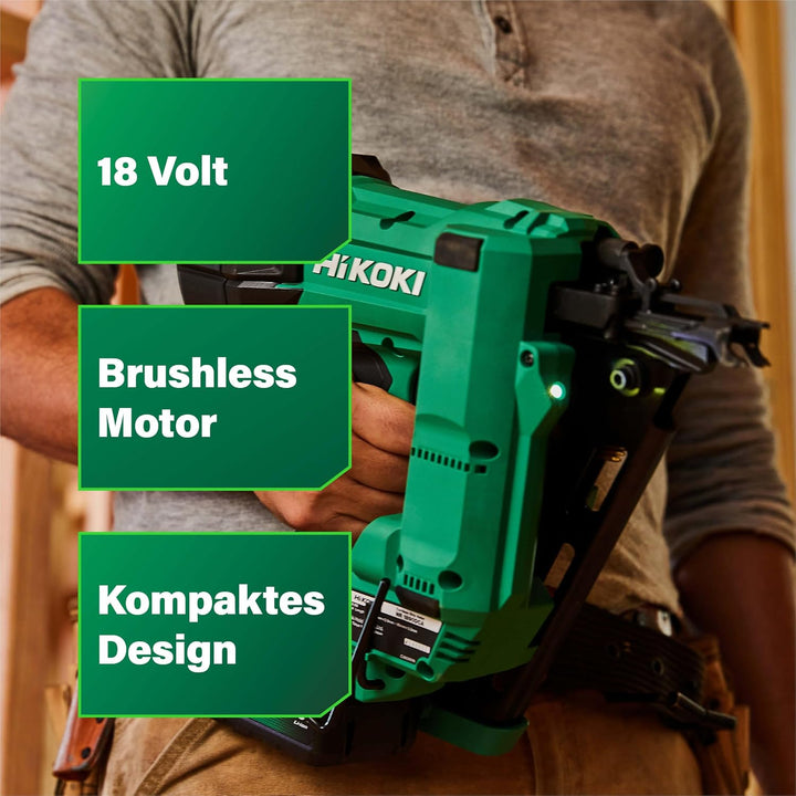 HiKOKI Akku-Streifennagler 34° - 18 V, 50-90 mm Nägel - Leistungsstark, LED-Licht, Brushless Motor,