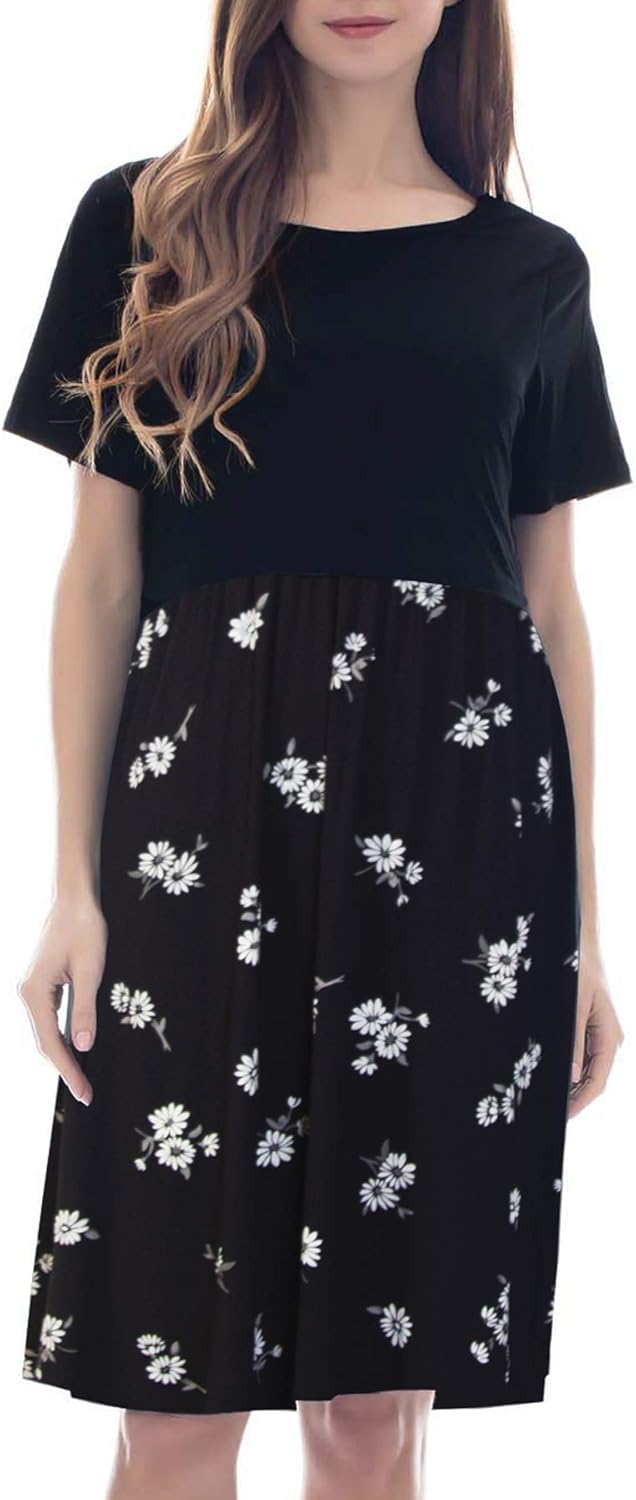 Smallshow Damen Lässiges Kurzarm Stillkleid Umstandskleid für Stillen, Schwarz-svp121 S