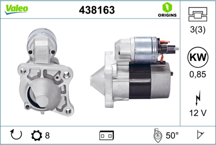 VALEO 438163 Starter Nennleistung: 0,85 kW Stop & Start: NO Zähnezahl: 8 zähne Spannung: 12 V Drehri