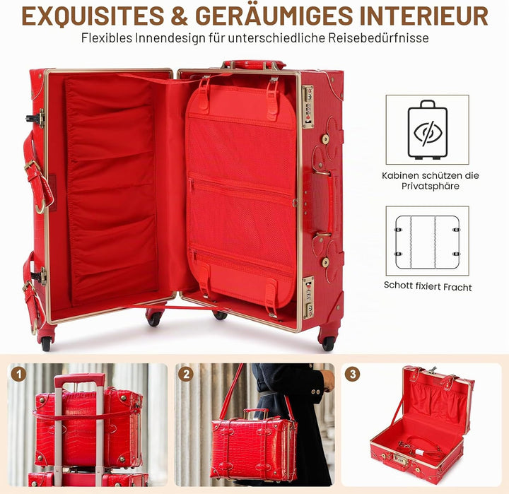 Urecity Koffer Vintage mit 4 Rollen Trolley Koffer Reisekoffer Leicht Retro Hartschalen Koffer 2-Tei