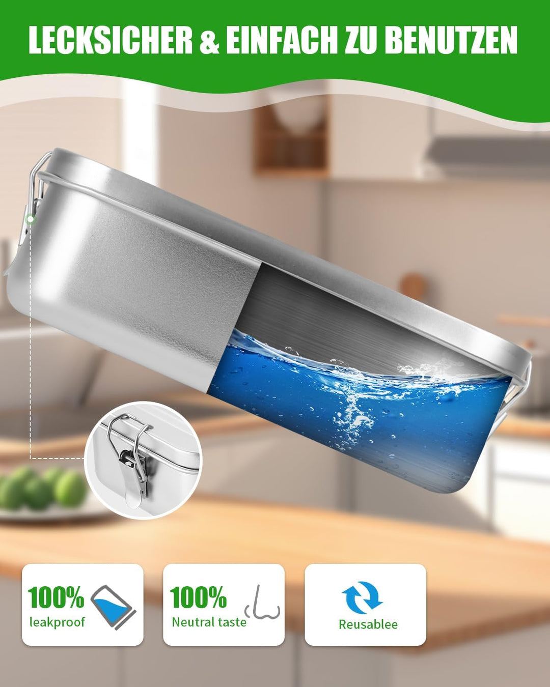 1400ml Edelstahl Brotdose Lunchbox Erwachsene Edelstahl Brotbox Inox mit Trennwand, Auslaufsicher, m