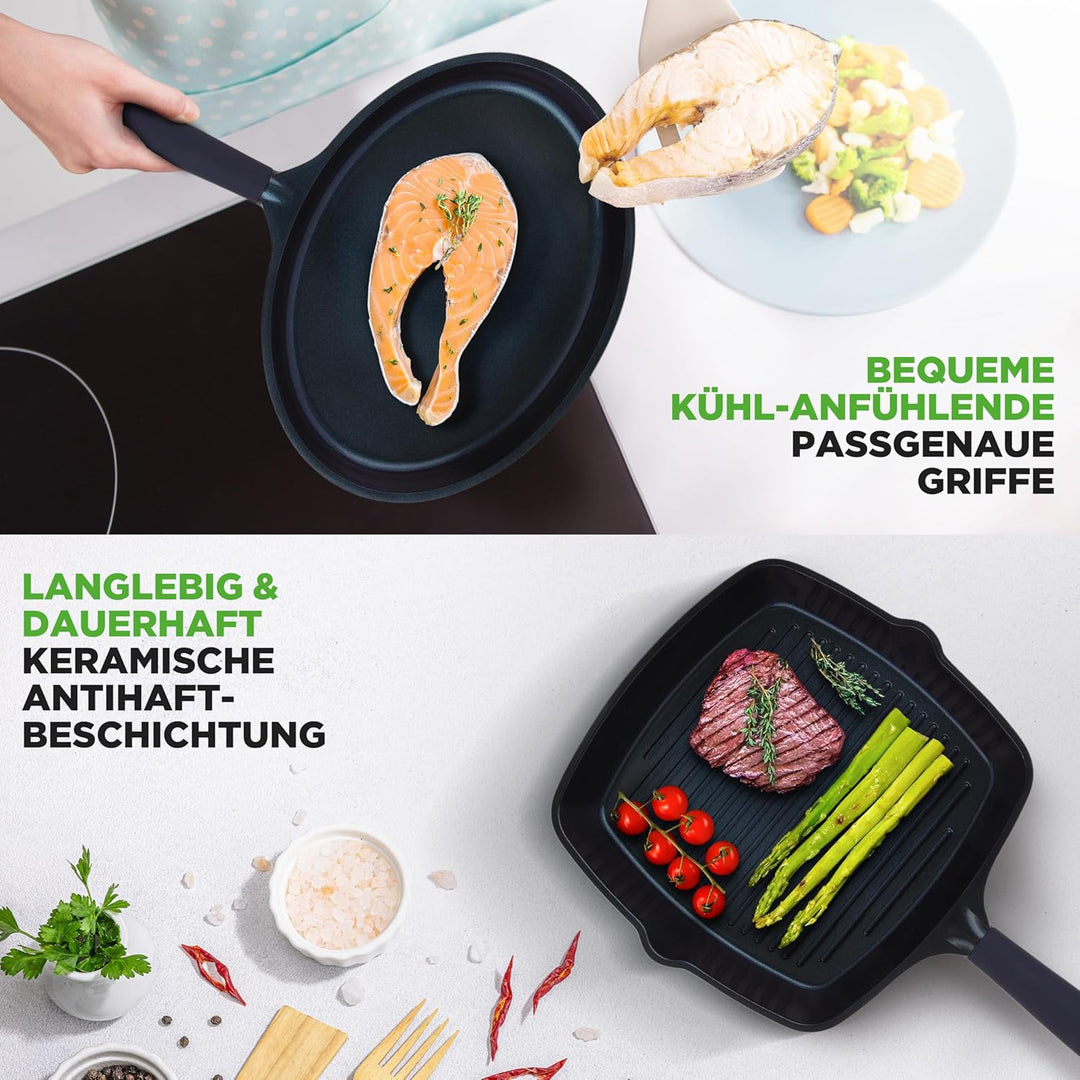 NutriChef Pfannenset 5-teilig – Grillpfanne, Wokpfanne, Bratpfanne 28 cm, Fischpfanne oval, Glasdeck