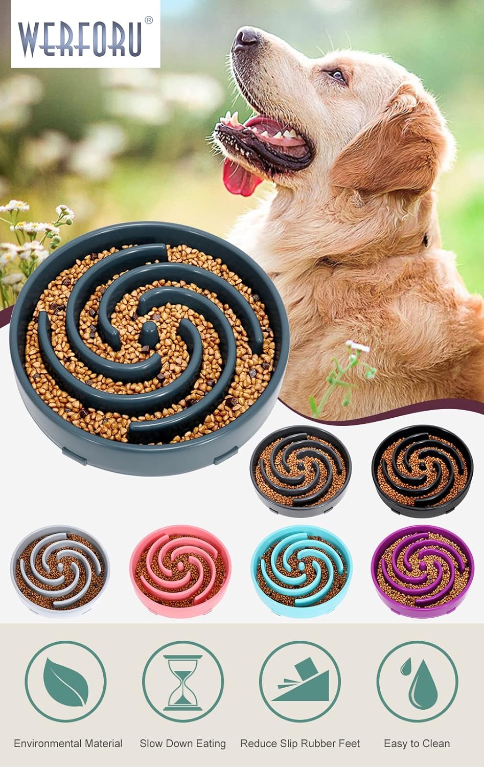 WERFORU Langsame Fütterung Hundenapf, Anti Schling Interaktiver Hundefutternapf, Tinte Blau, Blau