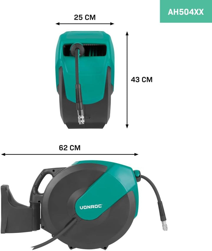 VONROC PRO Automatische Druckluft-Schlauchtrommel 30M – Aufrollbarer Druckluftschlauch, 1m Zuleitung