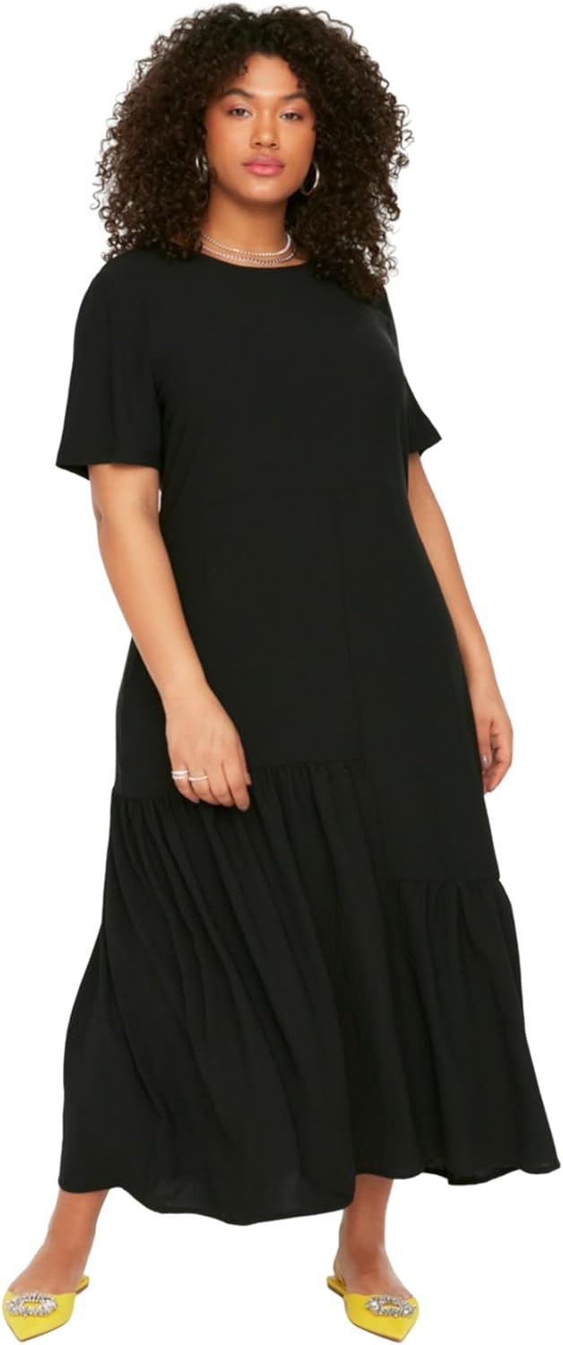 TRENDYOL Damen Women Ruffle Hem Dress Maxi Rüschen Saum Oversize Woven Plus Size Kleid 42 Schwarz, 4