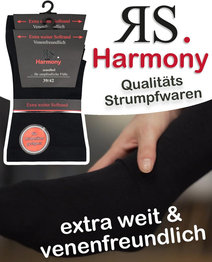 RS. Harmony Venen-Gesundheits-Socken, extra weiter dehnbarer Bund, für Damen 35-38 schwarz - 8 Paar,