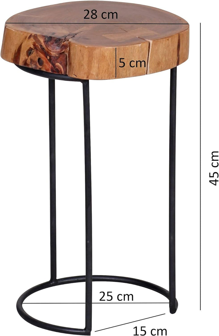 FineBuy Beistelltisch Massiv-Holz Wohnzimmer-Tisch Metallbeine Landhaus-Stil Baumstamm-Form Echt-Hol