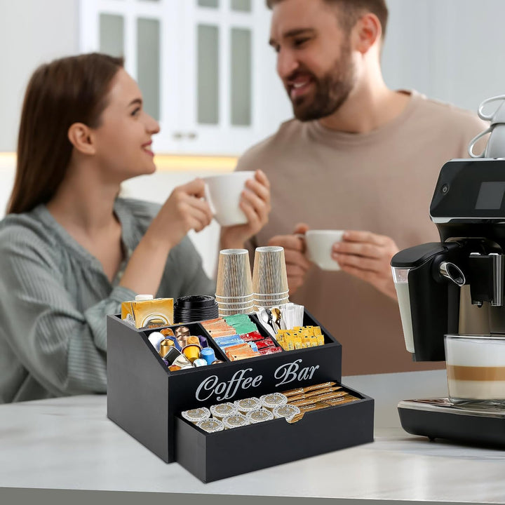 Eastsign Kaffeebar-Organizer aus Holz mit Schublade – Aufbewahrung auf der Arbeitsplatte für Pads, T