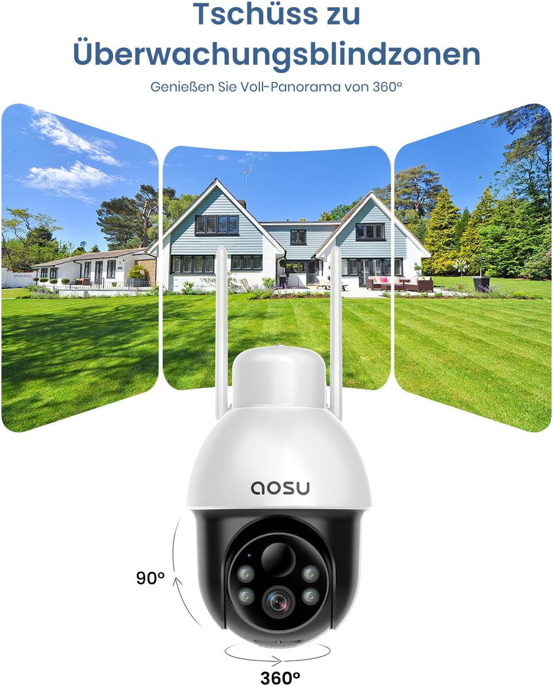AOSU 2K Solar Überwachungskamera Aussen Akku, Kamera Outdoor mit 360°-Überwachung, Automatischer Per