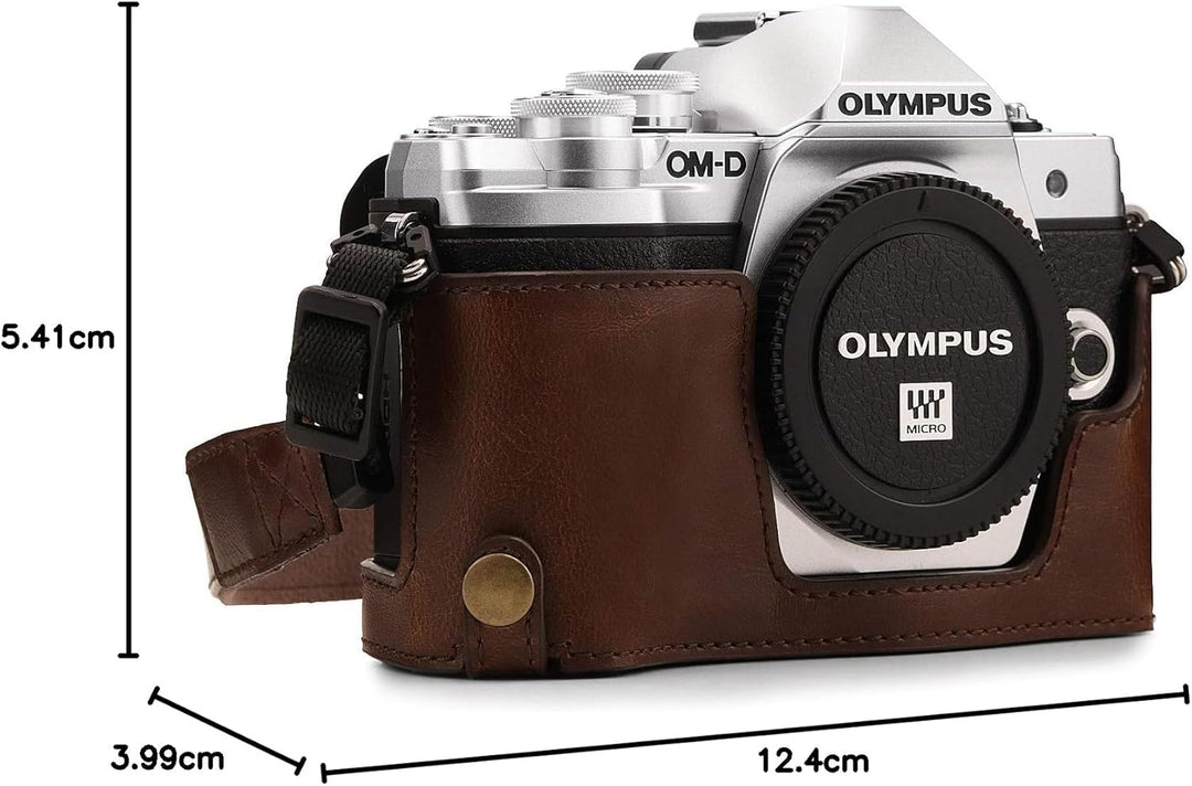 MegaGear MG1351 Ever Ready Leder Kamera Halbtasche mit Trageriemen und Batteriezugang für Olympus OM