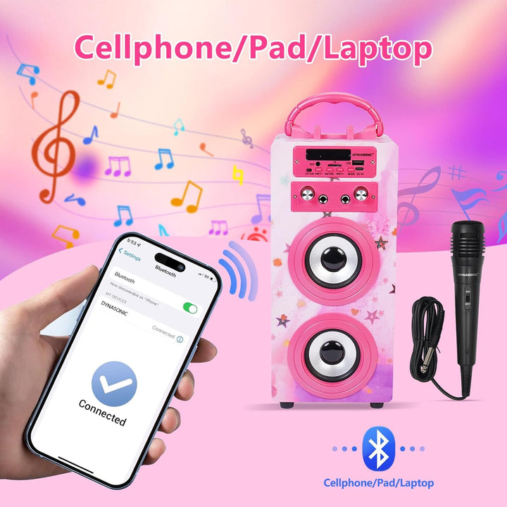 DYNASONIC Karaoke mit 2 Mikrofonen, tragbarer Karaoke-Maschine, Bluetooth-Lautsprecher, USB- und SD-