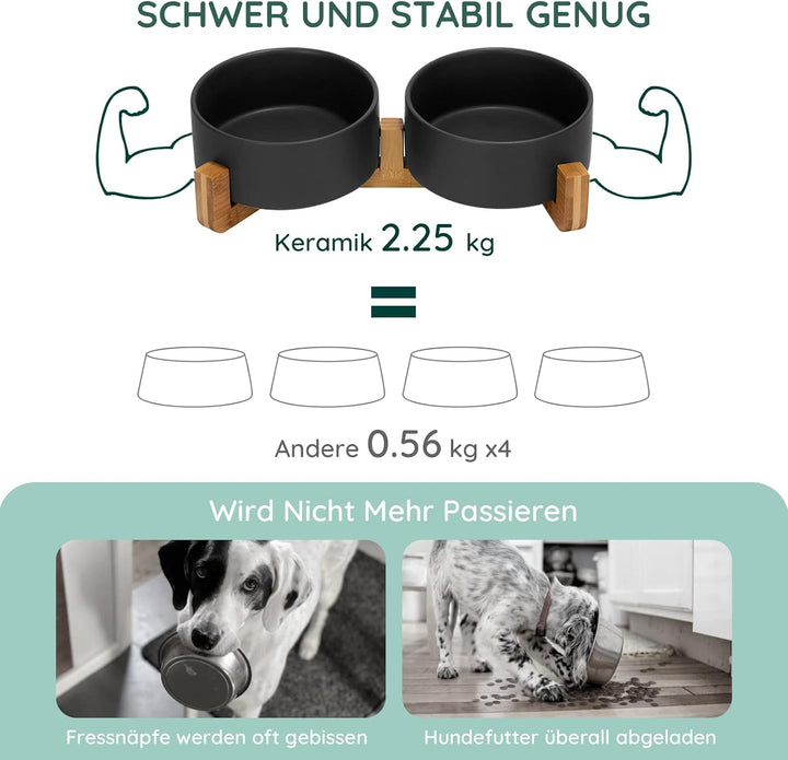 SPUNKYJUNKY Hundenapf Keramik Doppel Hund Futternapf mit Bambus Ständer für Katzen und Hunde (850ml,