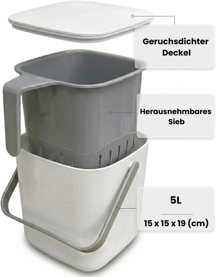 EasyCookAsia Küchen Bio-Mülleimer 5L – Geruchsdichter Komposteimer mit Sieb & Deckel – Spülmaschinen