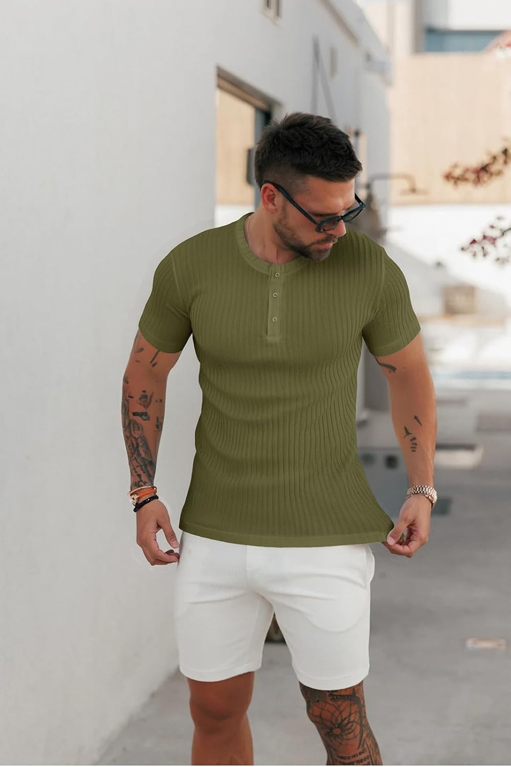 Muscle Cmdr Muscle Henley Shirt Herren Langarm, Slim-fit Langarmshirt, Freizeit T-Shirt aus Baumwoll