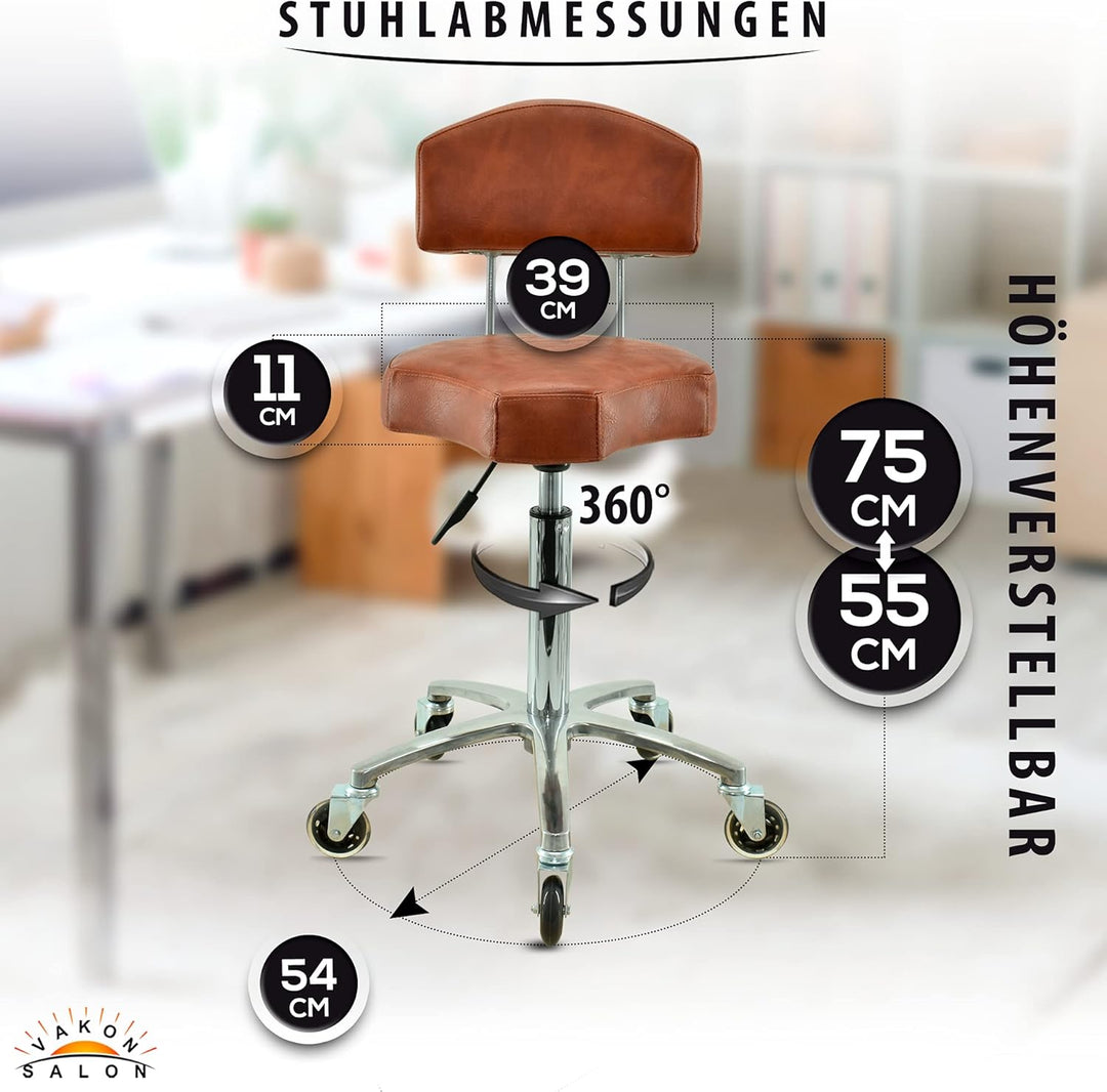 Ergonomischer Rollhocker mit Lehne in Hellbraun - Höhenverstellbarer von 55-75 cm - Premium Rollen -