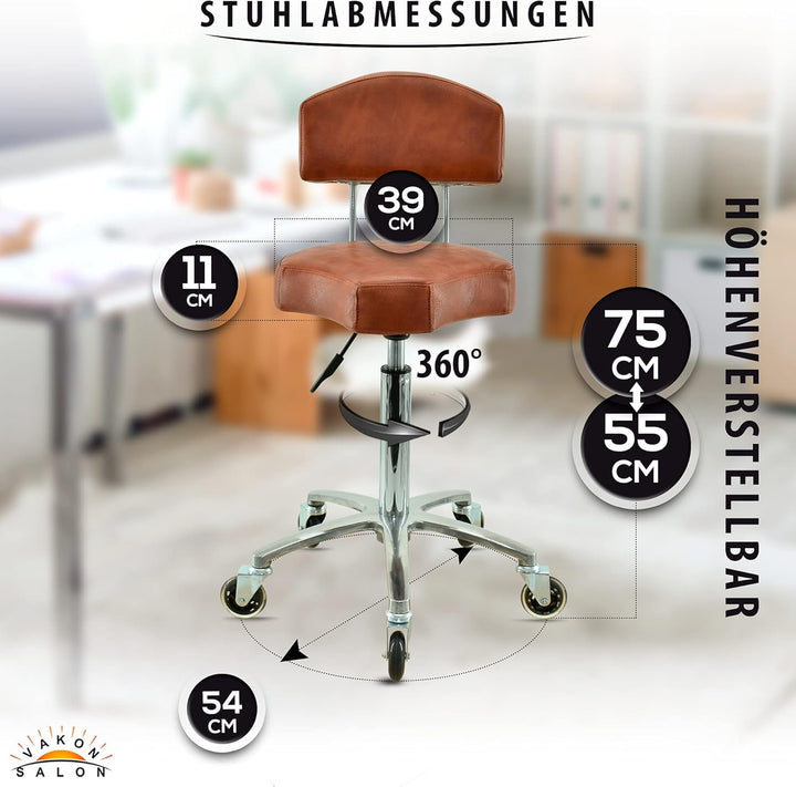 Ergonomischer Rollhocker mit Lehne in Hellbraun - Höhenverstellbarer von 55-75 cm - Premium Rollen -