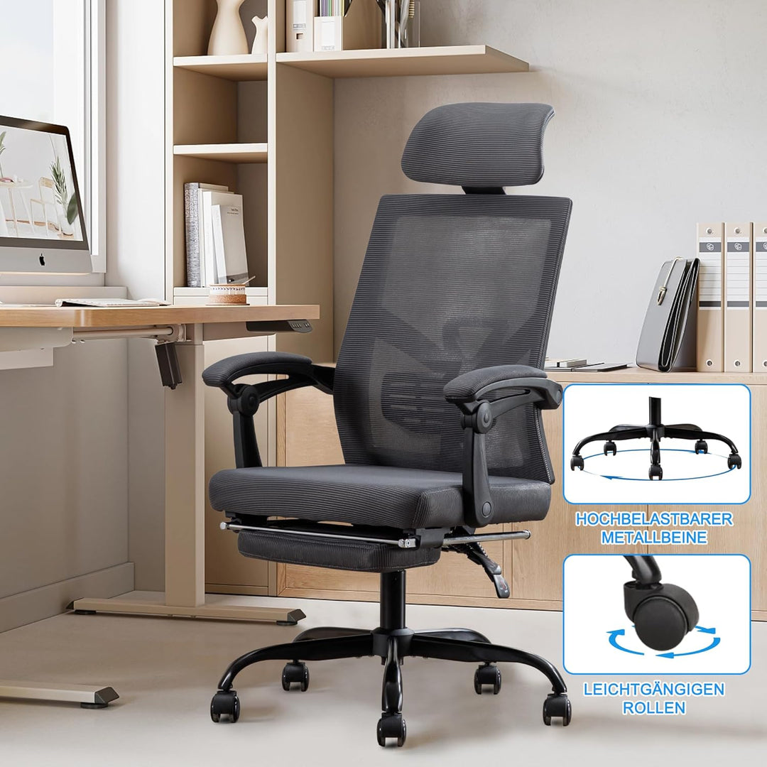 UEV Bürostuhl Ergonomisch, Drehstuhl, Schreibtischstuhl mit Verstellbarer Kopfstütze Lendenwirbelstü