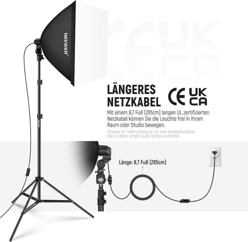 NEEWER 60x60cm Softbox mit E27 Porzellanfassung/CE&UKCA zertifiziertes Netzkabel/weisser Diffusor/St