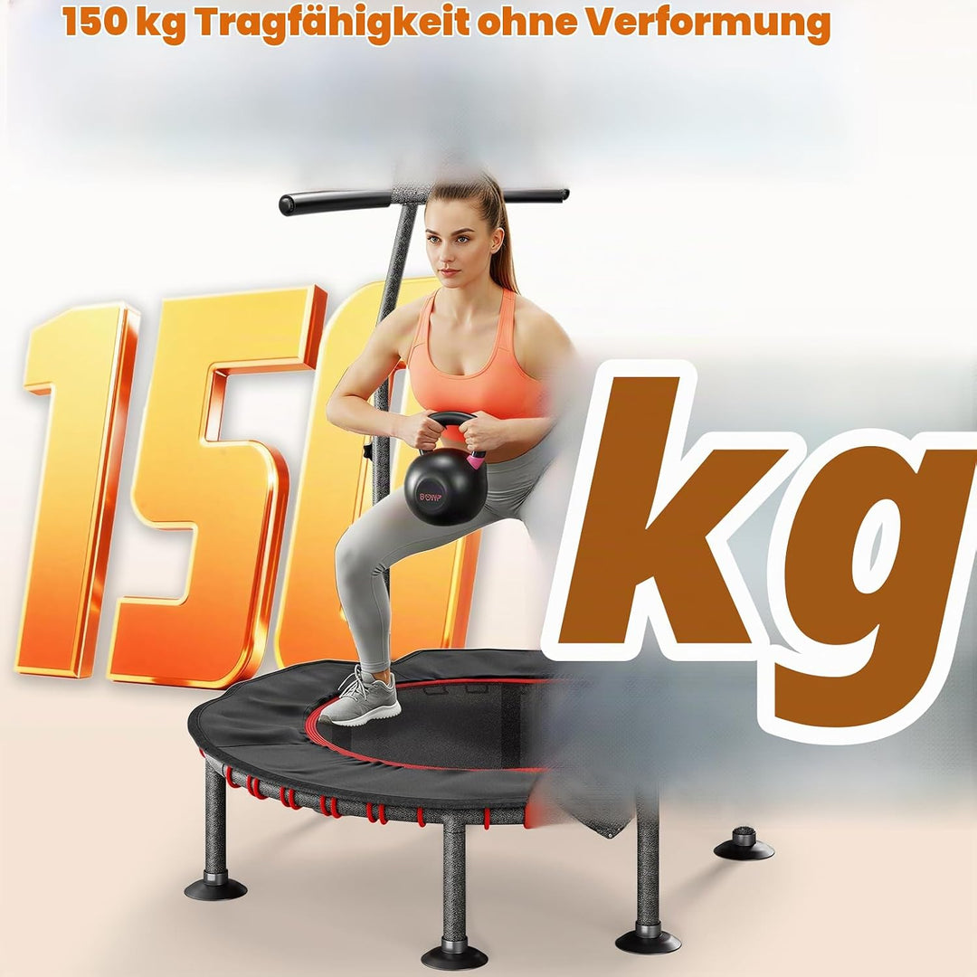 LIFERUN Fitness Trampolin Indoor | mit Randabdeckung | Bis 150kg Belastbar | 3 Verstellbare Haltegri