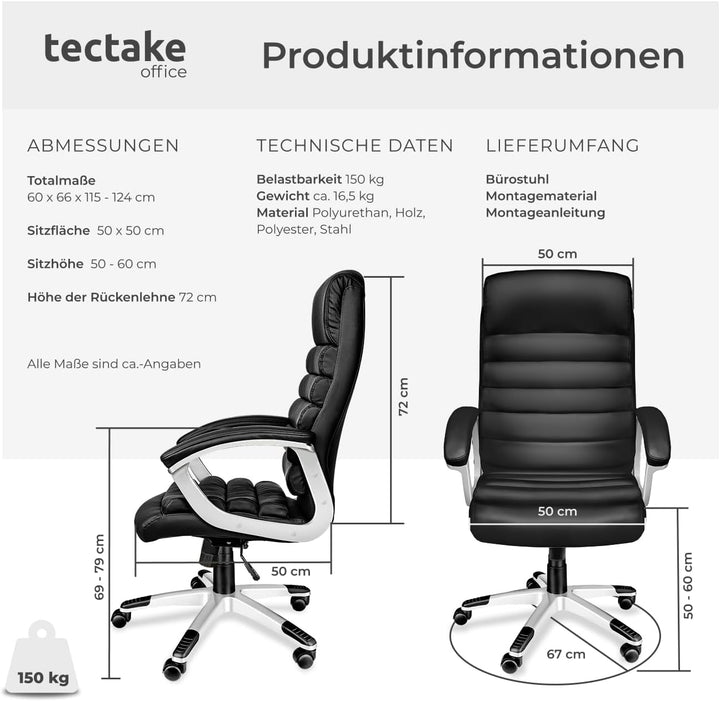 tectake® Design Bürostuhl, Schreibtischstuhl, stufenlos höhenverstellbarer Chefsessel, Arbeitsstuhl