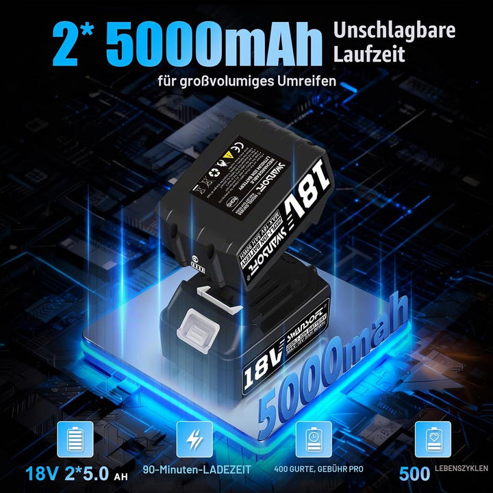 SWANSOFT Elektro-Umreifungsgerät für 14-16 mm PP-/PET-Band mit Digitaldisplay, 2 x 5000 mAh Akku, au