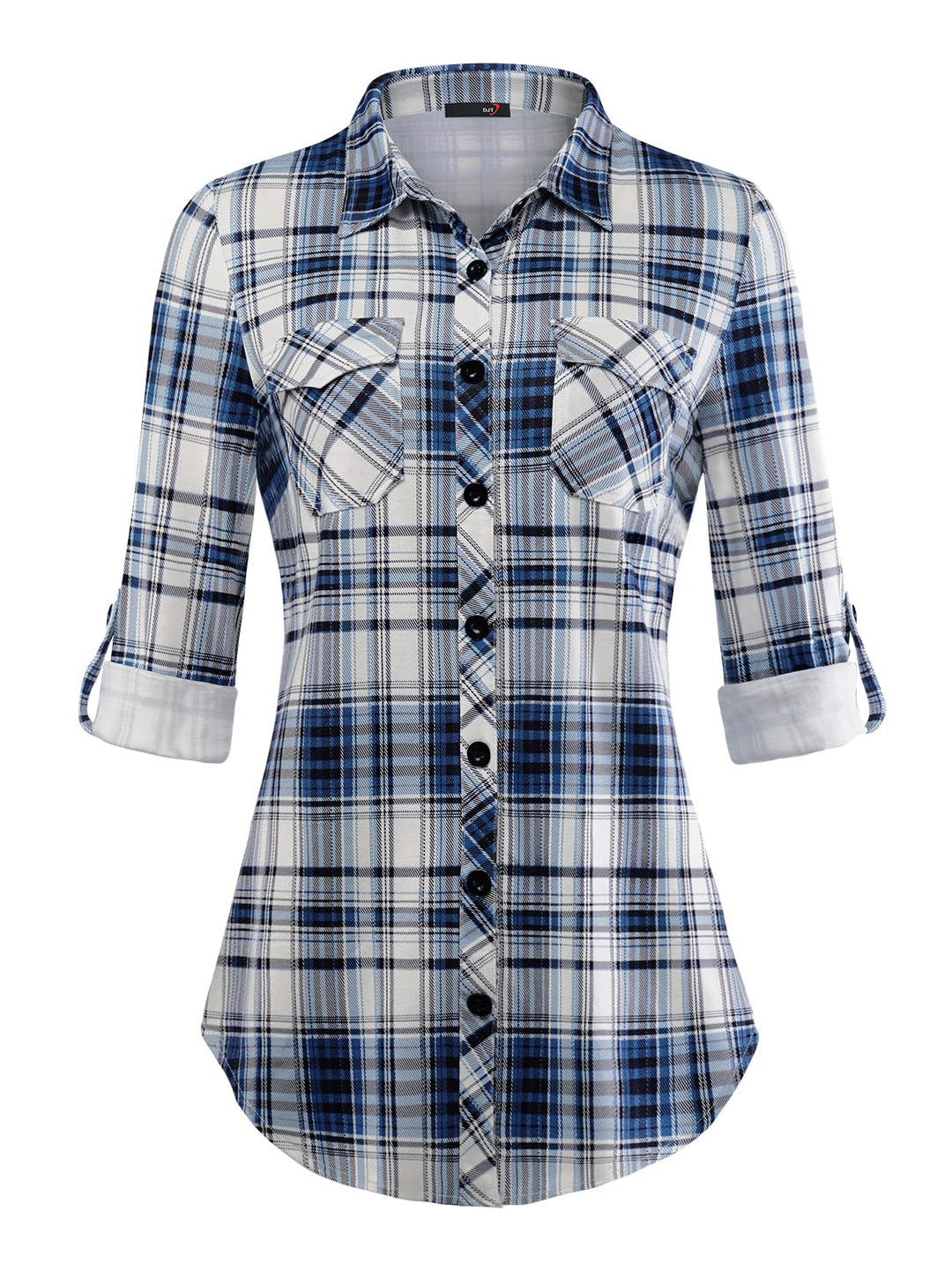 DJT Damen Weiches Gestrick Karierte Bluse Langarm 3/4 Ärmel Roll Up Ärmel Hemdbluse Button-down Blus