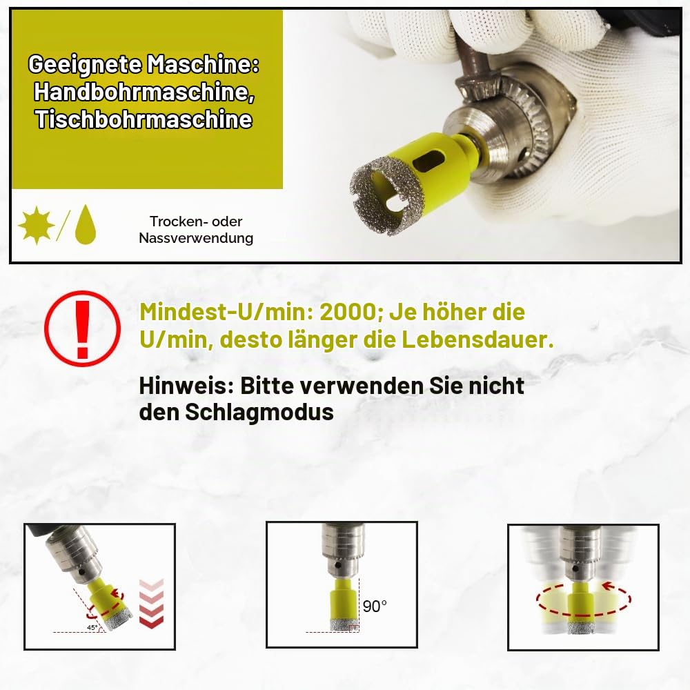 Diamant Bohrkrone 11 Stücke (6/8/10/20/25/28/32/35/45/50/65mm) Fliesenbohrer mit Dreikant Schaft für