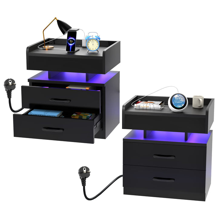 2er Set Nachttisch mit Steckdosen und USB-Anschlüsse, LED Licht 16 Farben Beleuchtung, Schublade und