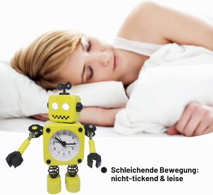 Diskary Roboter Wecker,Nicht tickende Wecker mit blinkenden Augen Lichtern und drehbarem Arm,Geschen