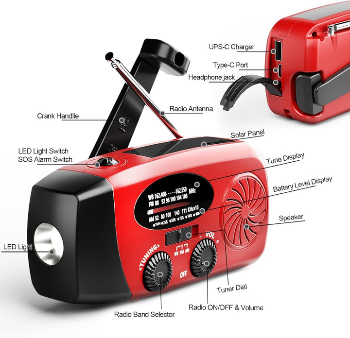 Notfallradio Kurbelradio Solarradio – Selbstbetriebenes Notfall Radio mit AM/FM-Wetterempfang, LED T