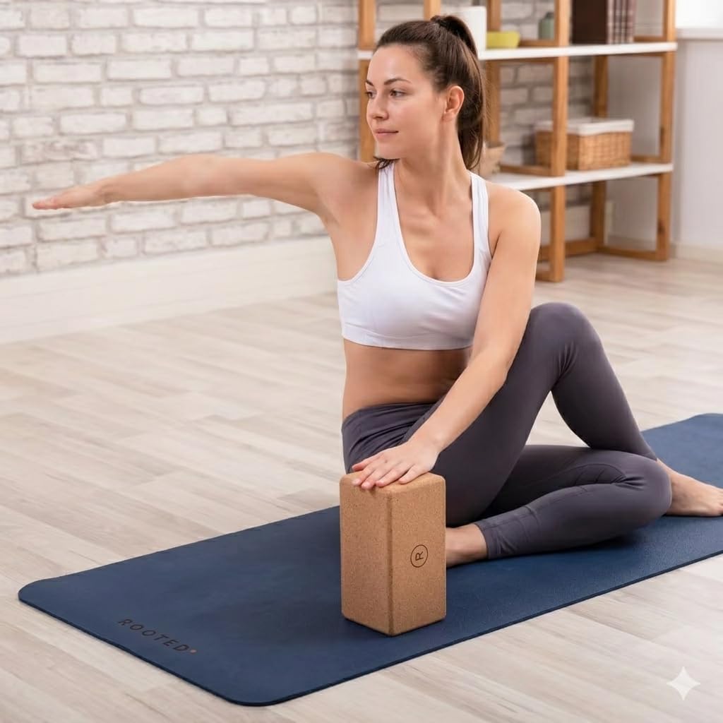 ROOTED Yogablock 2er Set Naturkork – Rutschfest, Ergonomisch & Nachhaltig, 22,5x7x12 cm Leichter Kor