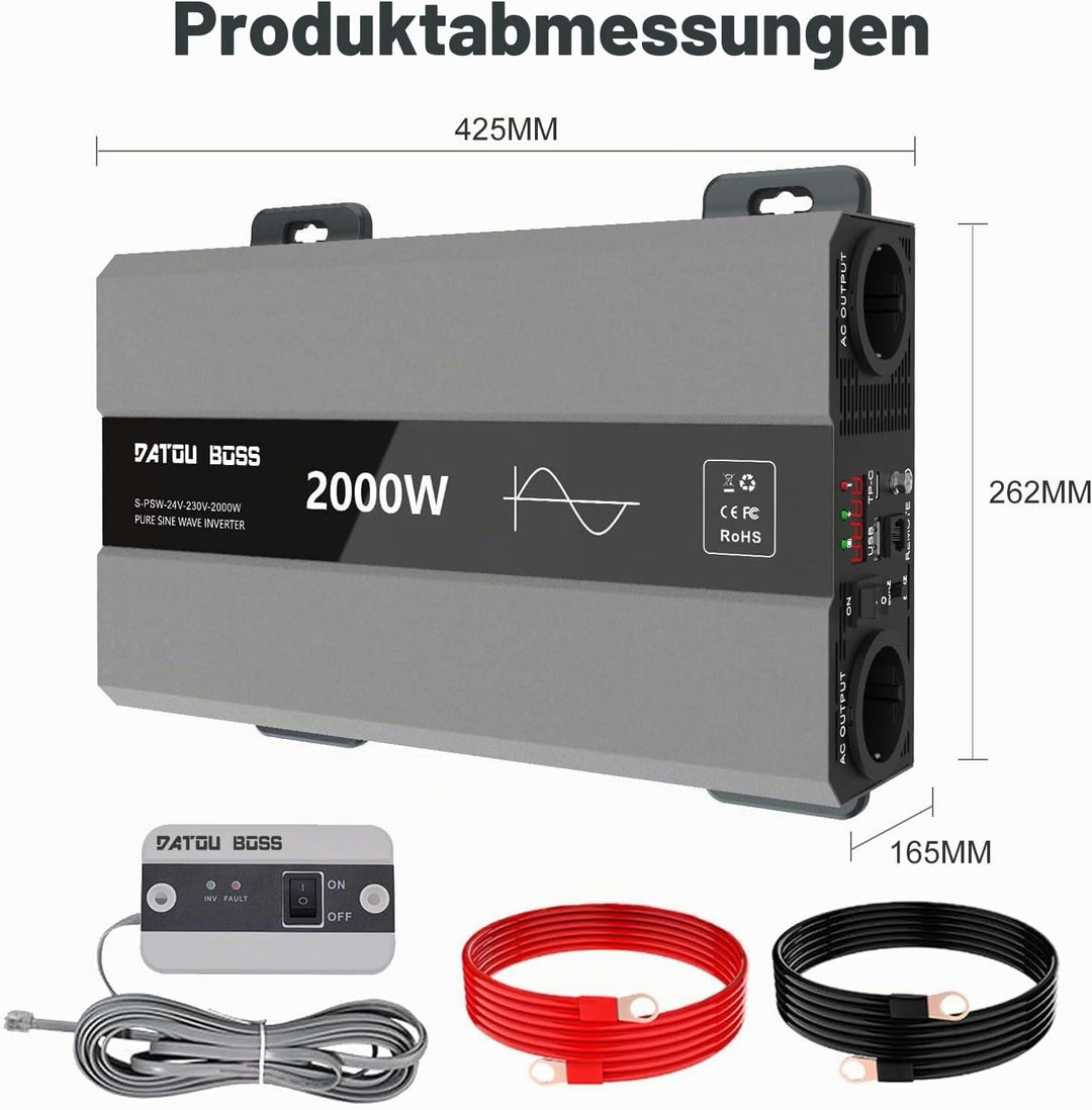 DATOUBOSS Wechselrichter 24v auf 230v Reiner Sinus 2000w, Spannungswandler 24v 230v 2000w mit AC Ste
