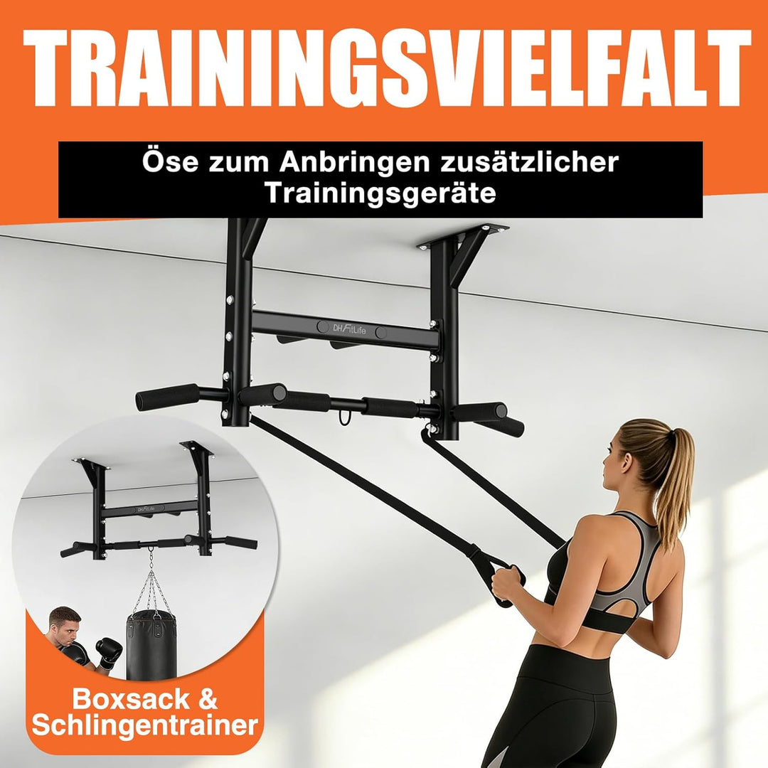 DH FitLife Klimmzugstange Deckenmontage 4in1 bis 200kg, Multifunktionale Pull Up Bar für Zuhause, 8