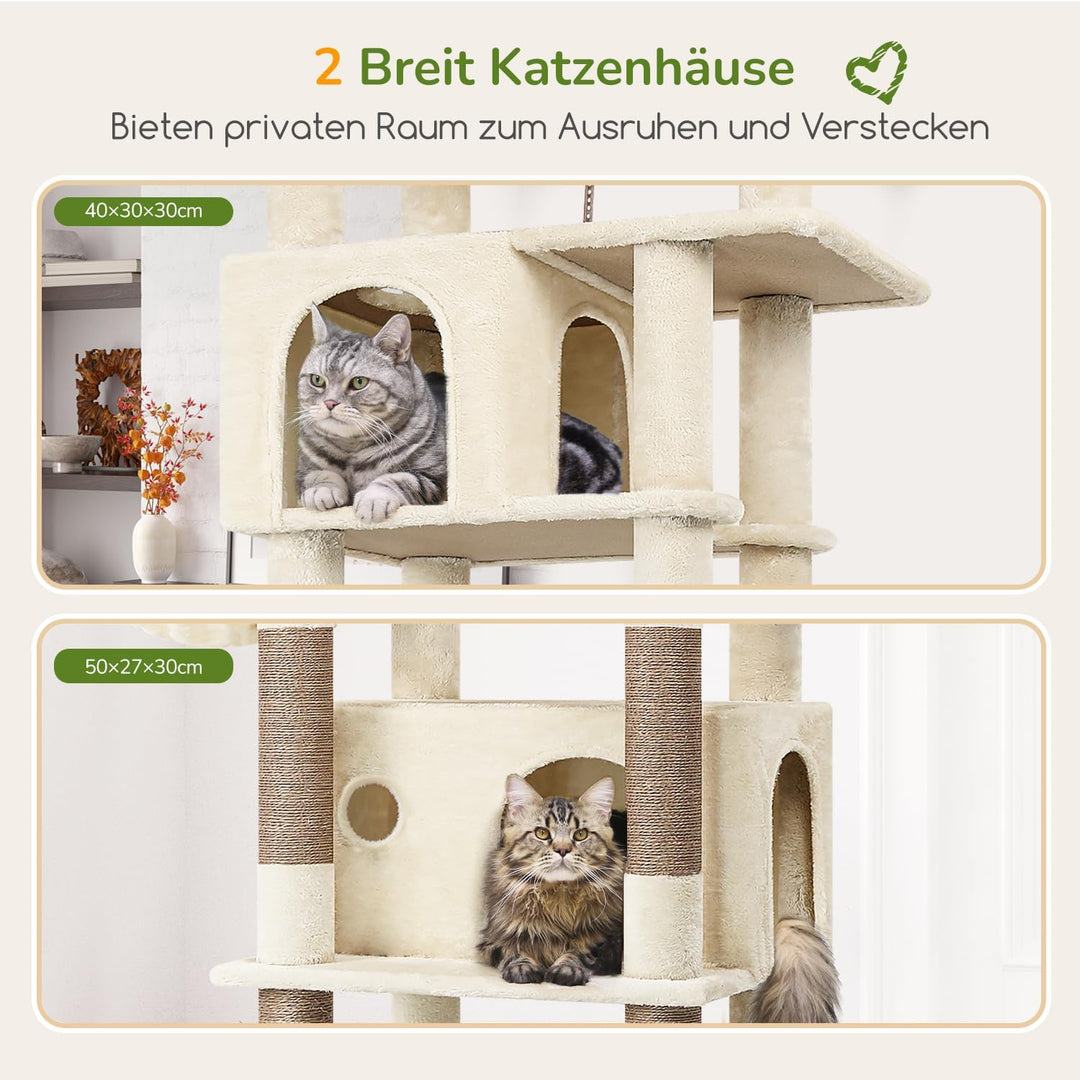 Globlazer Kratzbaum Beige Grosse hoch 188 cm mit 2 Gross Katzenhaus, Grosse Gepolsterte Plattform, W