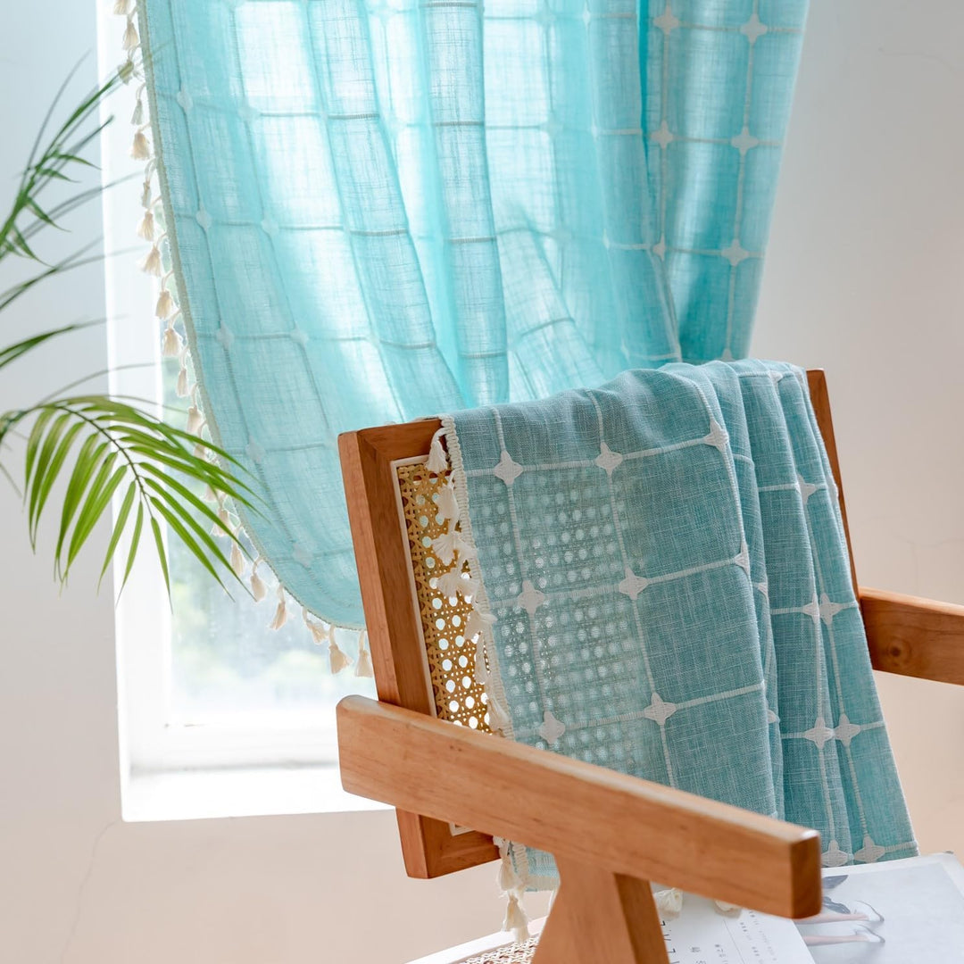Sutuo Home Boho-Vorhang, Plaids für Schlafzimmer, halbverdunkelnd, Leinen, Bauernhaus-Quasten, Fenst