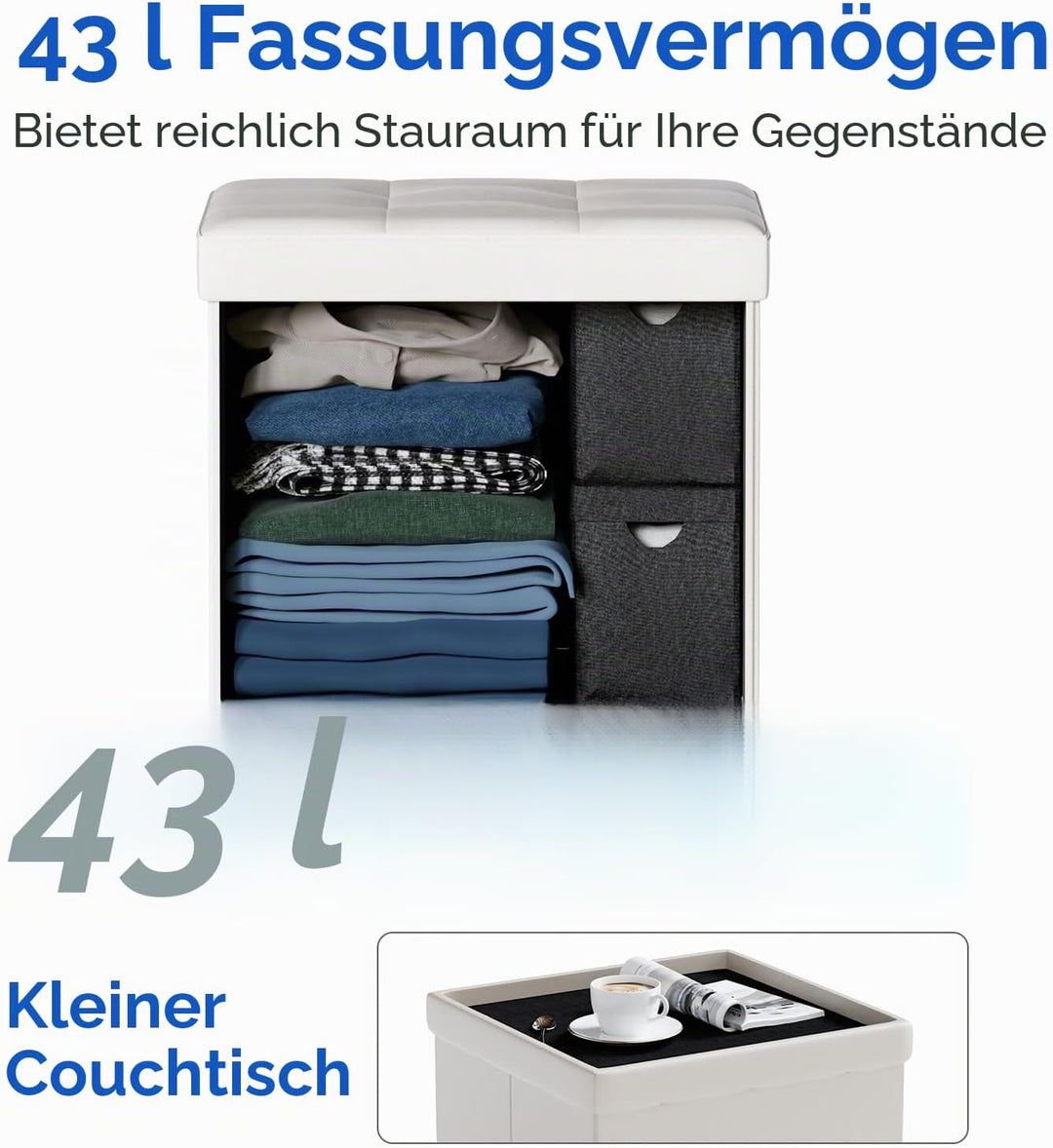 BRIAN & DANY Sitzhocker faltbar Sitzbank Kunstleder Aufbewahrungsbox mit Stauraum, Weiss, 38 x 38 x