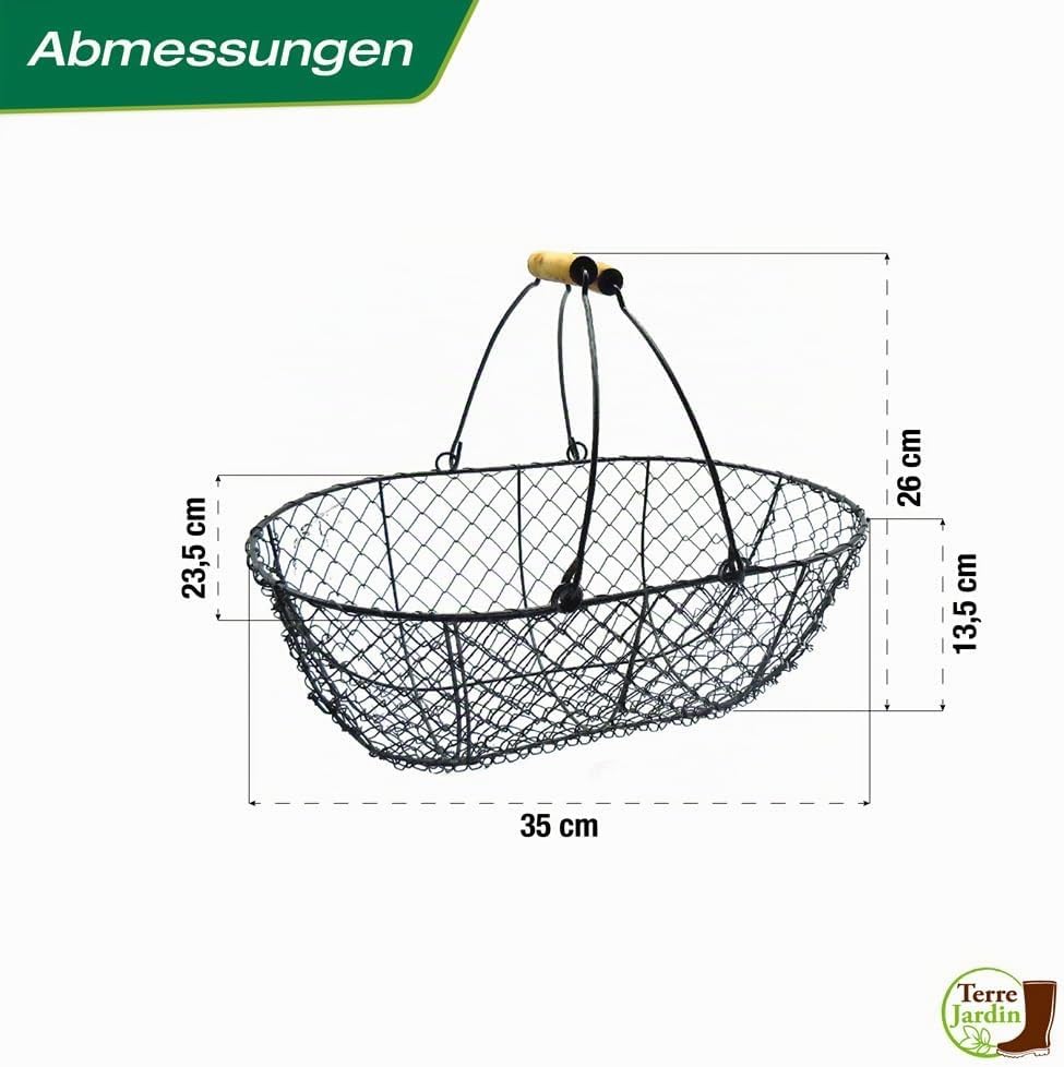 TERRE JARDIN - Erntekorb aus schwarzem Metall mit Holzgriffen, 8 l