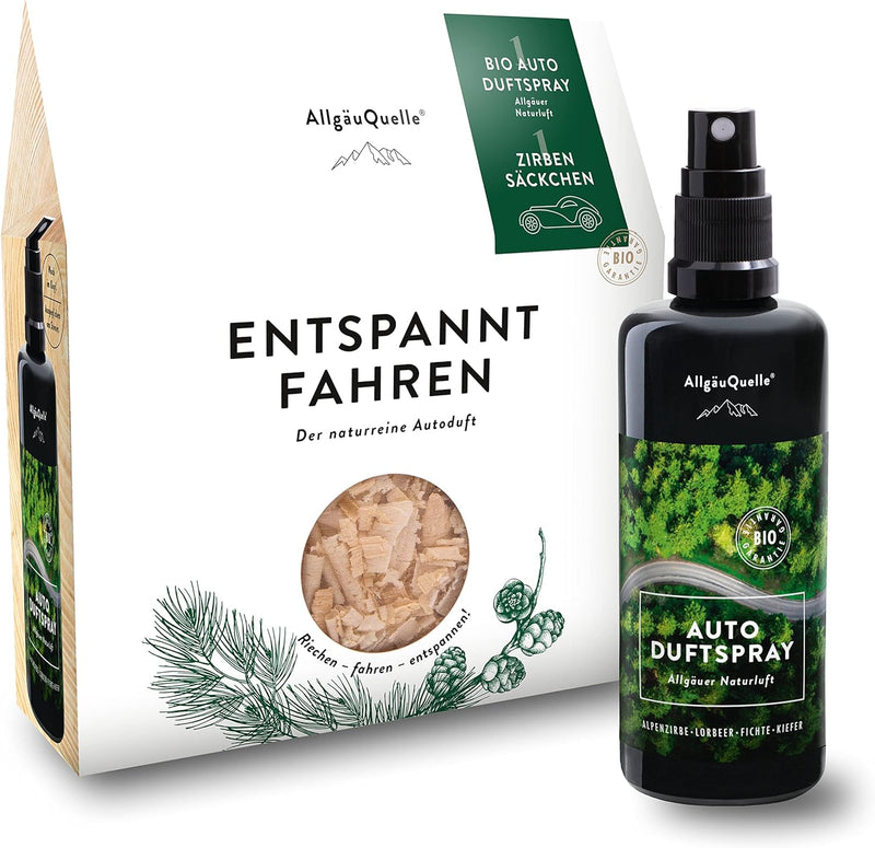 AllgäuQuelle® Bio Auto-Duft-Set ENTSPANNT Fahren | Lufterfrischer: Duftspray & Zirben-Säckchen als n