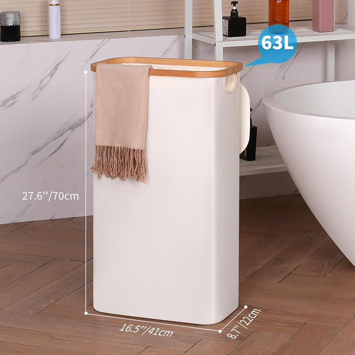 efluky Wäschekorb Schmal 63L, Schlanker Wäschekorb mit Deckel, Beige Faltbare Wäschebehälter mit Bam