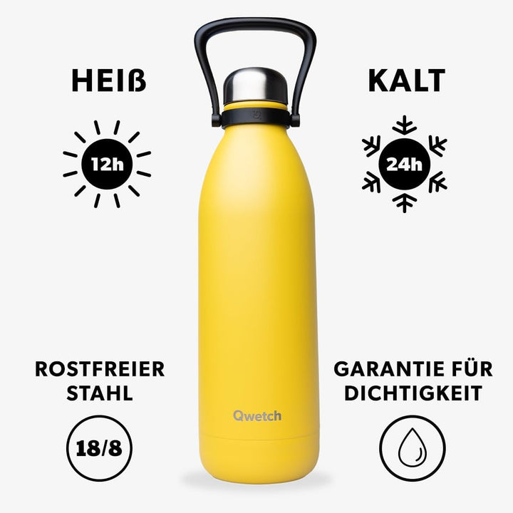 QWETCH - Isothermische Flasche - Titan Pop Gelb 1,5L - 48h kalt &amp; 16h heiss - BPA frei, wasserdicht