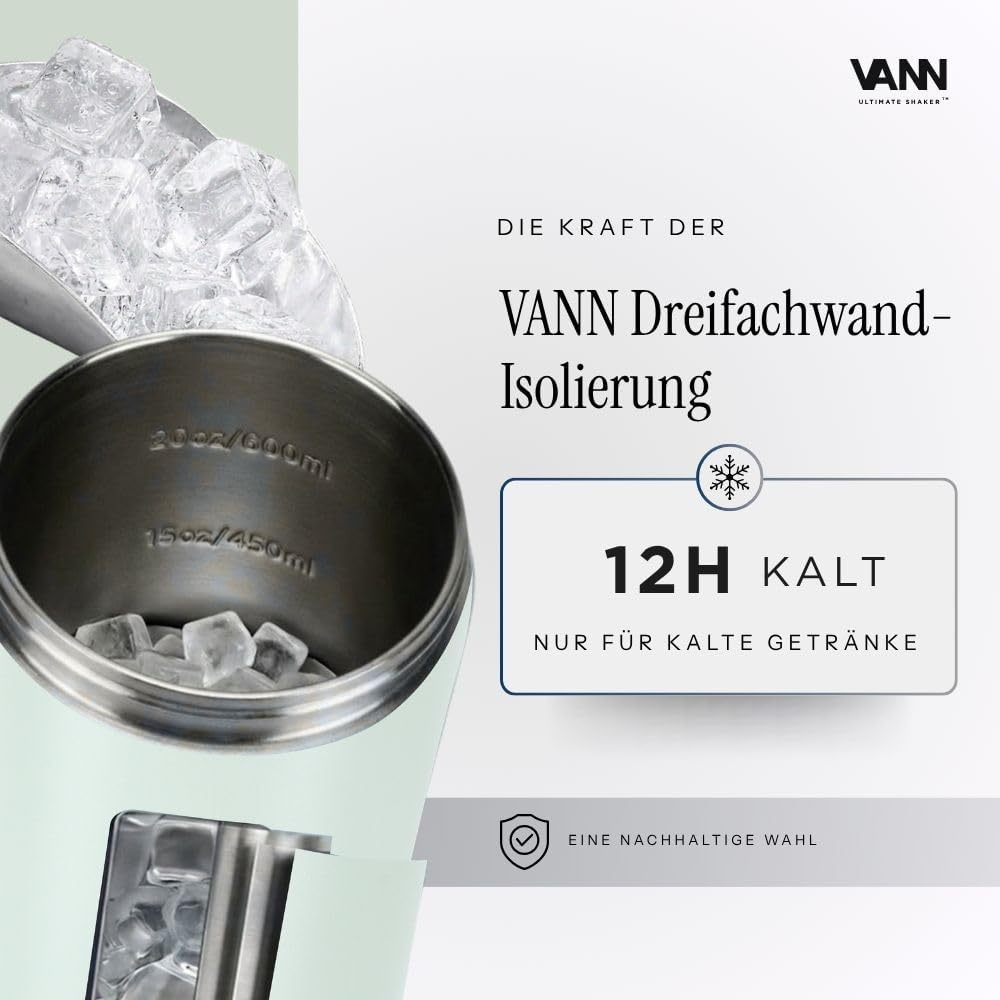 VANN Shaker Proteinshake 750ML - Thermo Shaker Edelstahl [12h kalt], Ideal als Schüttelbecher [Gym,