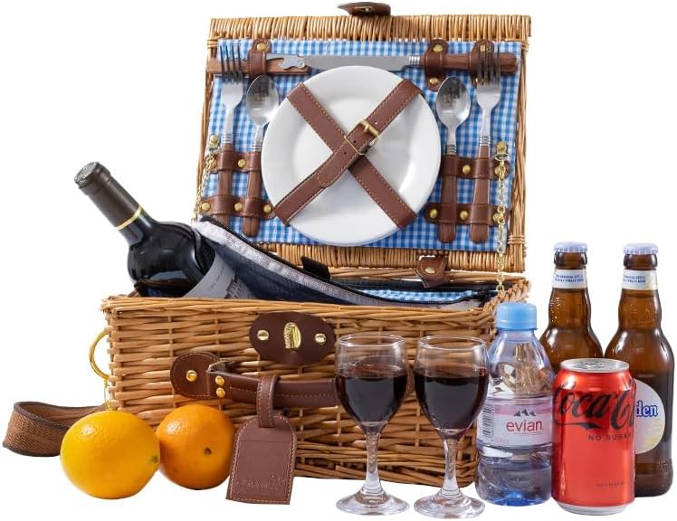 eGenuss Handgefertigtes Picknickkorb für 2 Personen mit abnehmbarem Schultergurt, Kühlfach, Kellnerm