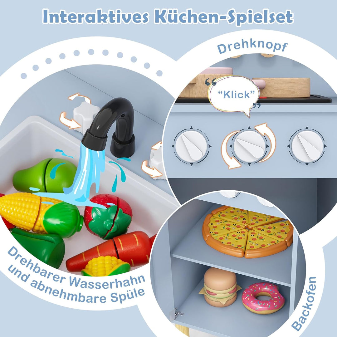 DREAMADE Kinderküche Holz mit 10 TLG. Zubehör, Kinder Küche mit Waschbecken Herd Backoffen, Mini Hol