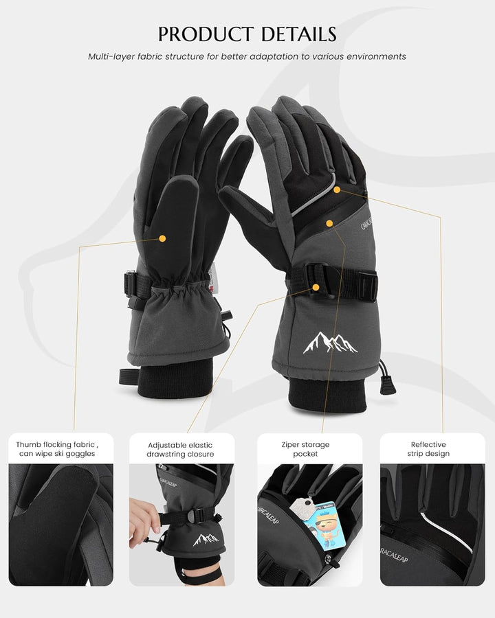Caracaleap Skihandschuhe Männer Frauen Schnee Handschuhe Winddicht Winter Wasserdicht L Grau, L Grau