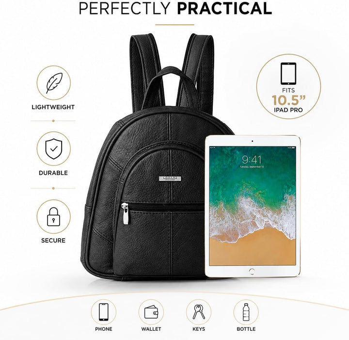 Woodland Leathers Modischer Damenrucksack, klein, schwarz, mit Anti-Diebstahl-Reissverschluss und Ha