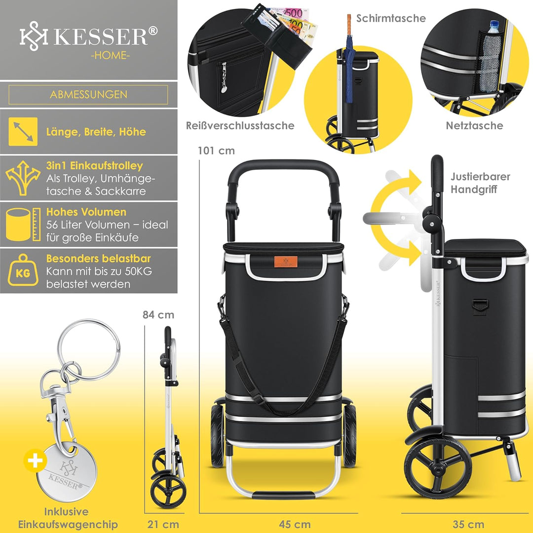KESSER® Einkaufstrolley klappbar mit 56L Kapazität und belastbar bis 50kg | 3in1 Trolley Sackkarre &