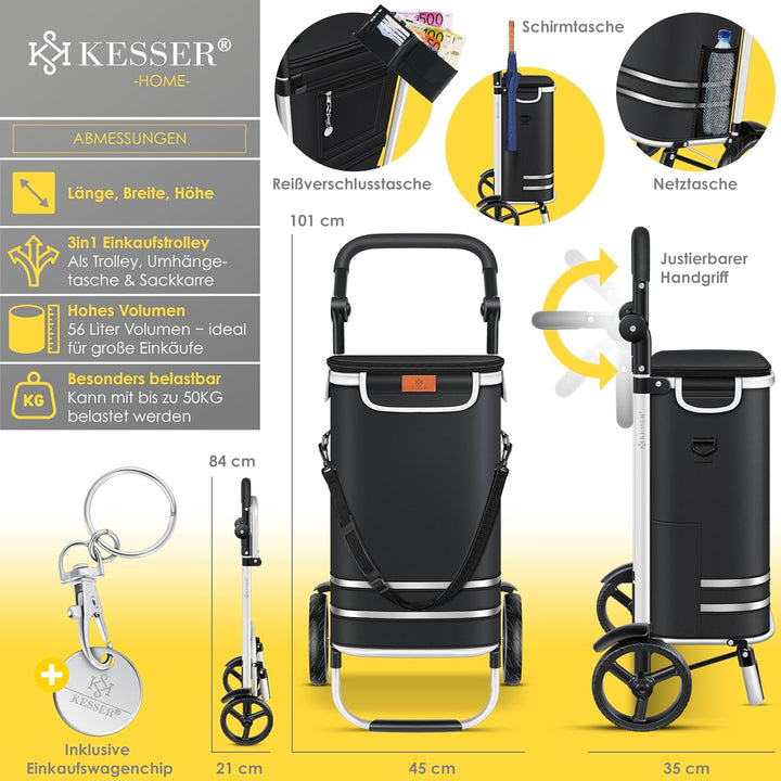 KESSER® Einkaufstrolley klappbar mit 56L Kapazität und belastbar bis 50kg | 3in1 Trolley Sackkarre &