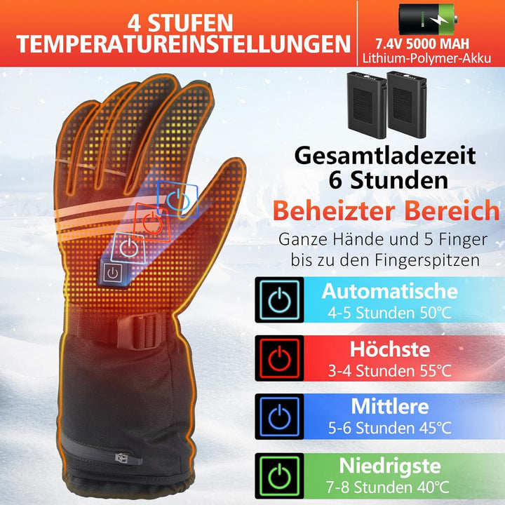 Verbesserte Beheizbare Handschuhe Herren Damen,7.4V/2×5000mAh Beheizte Handschuhe mit Wiederaufladba
