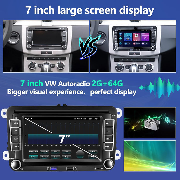 [2G+32G] CAMECHO Android 11 Autoradio mit Carplay für VW Golf 5 Golf 6 Skoda,Autoradio mit 7 Zoll Bi